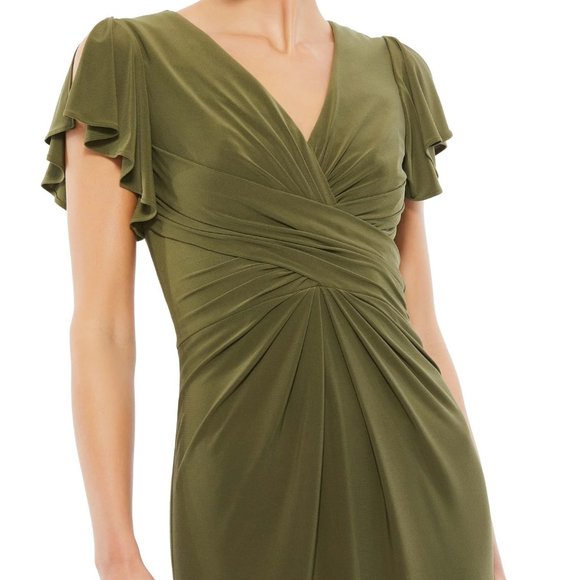 NEW | MAC DUGGAL 12486 FLOUNCE SLEEVE MIDI DRESS OLIVE GREEN SIZE 8 - Picture 2 of 5